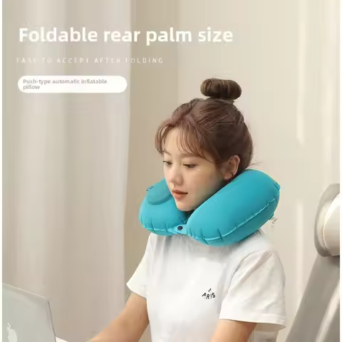 Press on Inflatable Pillow to Relax Neck Travel U-shaped Pillow Foldable and Portable with Leak Proo