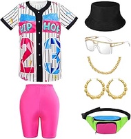 80s 90s Outfit for Women, 80s Women Hip Hop Costume Baseball Jersey Shirt Biker Shorts Set, Plus Siz