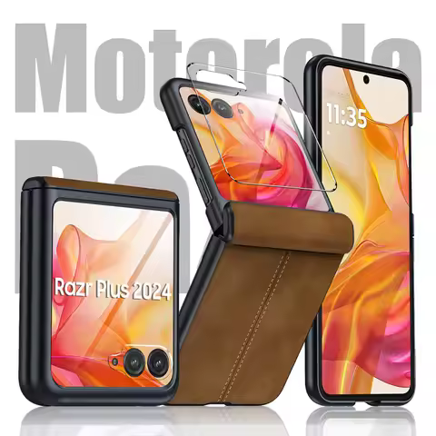 Hot Glass + Case For Motorola Razr 50 Ultra 60 Leather Cover Business Middle Shaft Hinge Anti-knock 