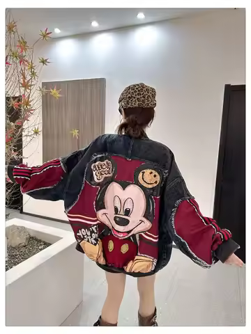 Women's Oversized Distressed Disney Mickey Mouse Denim Jacket - Red & Black Color-Block Graphic Coat