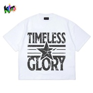 White Short Sleeve T-Shirt with Pentagram Star Print and Text "TIMELESS GLORY" (Eternal Success) wit
