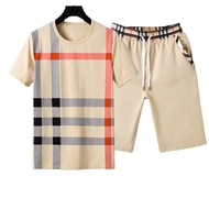 BURBERRY7012 Suit Men Summer New Style Plaid Cotton Shorts+Short Sleeve Suit Leisure Sports Ready St