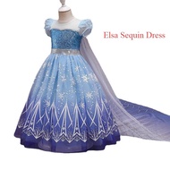 Frozen Elsa Dress for Kids Girl Blue Sequin Mesh Princess Dress Cloak Wig Crown Bag Halloween Cosplay Outfits Girl Birthday Party Role Play