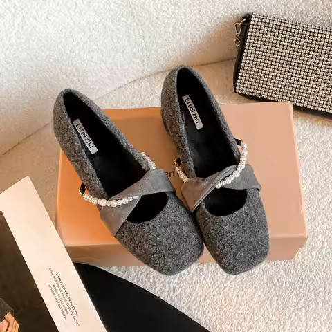 pearl strings lambwool pumps women ccross band fur talons femme med high heels winter shoes for woma