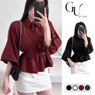 Luxury puff-sleeved peplum shirt with elastic waist design, flattering Korean style GU STORE