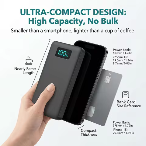 10000mAh Portable Charger with LED Light PD 18W Fast Charge USB C External Battery Pack Ultra Thin P
