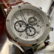 GUESS手錶,編號GC00520,44mm銀八角形精鋼錶殼,幾何立體圖形, 銀白三眼, 運動錶面,咖啡色真皮皮革錶帶款,AP設計，別樹一格