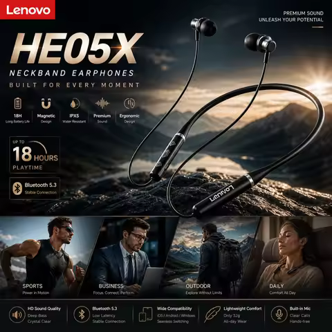 New Lenovo HE05X HE05 Pro Neckband Bluetooth Earphones Waterproof HIFI Sound Magnetic Headset Sports