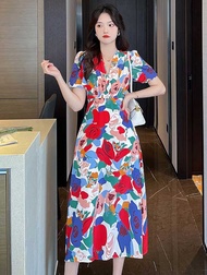 dress wanita korea v-neck motif bunga D8041