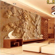 3d立體大型壁紙中式風仿木雕浮雕壁畫客廳飯廳無縫壁紙影視牆貼紙