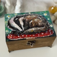 手繪獾圖像木盒，收納盒，木製珠寶盒，飾品盒