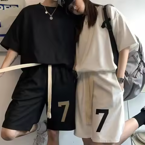 Oversized Summer Print Waffle Men Set Couple Outfit College Casual Women Short Sleeve Student Shorts