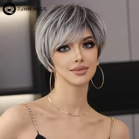 7JHH WIGS Ombre Black Blonde Bob Wig for Women Daily Party Synthetic Straight Short Hair Wig with Fl