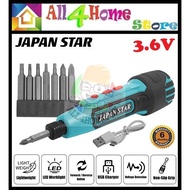 JAPAN STAR 3.6V Cordless Screwdriver (included 8pcs screwdriver bits + USB Cable) JPN Star 95-AG233
