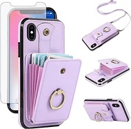 Phone Case for iPhone Xs X 10 10s Wallet Cell Cover with Screen Protector Crossbody Strap Ring Stand RFID Credit Card Holder iPhoneX iPhoneXs iPhone10 i PhoneX SX 10x 10xs X’s Women Girls Purple