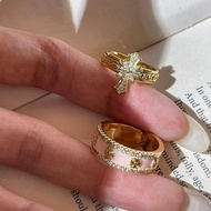 American Hot Girl Pink Cross Diamond Ring Female Niche Design Opening Adjustable Index Finger Ring 0