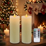 Set of 2 Flameless LED Pillar Candles with Flat Top Battery Operated, Remote Timer, Real Wax, Flicke