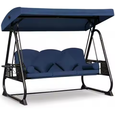 3 Person Outdoor Swing with 3 Position Adjustable Seat from Upright to Full Recline Bed Mode Weather