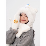 Dozing Sleepy Snotted Bear Hat Scarf One Keep Warm Girl Cute White Autumn Winter Fleece Lining Thick