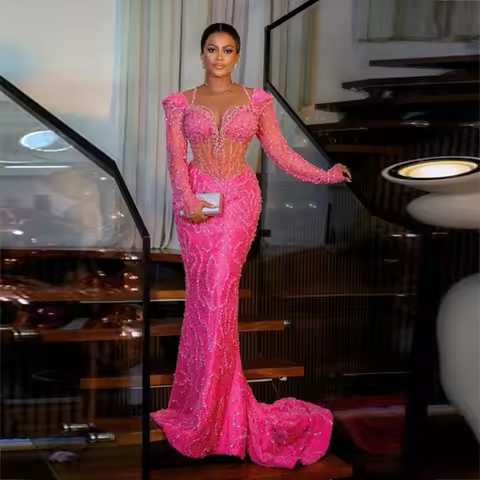 Hot Pink Beading Lace Evening Gowns Saudi Arabia Long Sleeves See Through Mermaid Prom Dress African