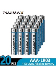 Batería alcalina AAA PUJIMAX 1.5V de 20 piezas, adecuada para control remoto, reloj despertador, timbre, llave de coche, linterna, alta capacidad de rendimiento, duradera y de larga duración, suministro especial de la tira de luces navideñas [Batería no recargable, no cargar]