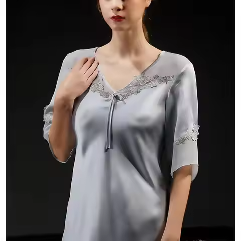 100% Mulberry Silk Nightwear Women Lace Dress Long Summer Spring Sleepwear Loose Blue Natural Silk N