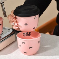 1pc 245Ml/8.29Oz Ceramic Coffee Cup With Lid, Handheld Ceramic Coffee Mug With Lid, Bow Shaped Love