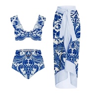 2023 Womens New Swimwear Chinese Style Printed Two-piece Summer Beach Wear Ruffle V-neck Bikinis Cov