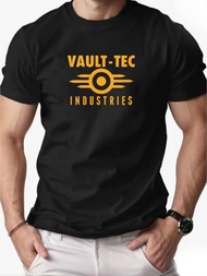VAULT-TEC MenS Patterned T-Shirt | Deep Gray with Bold Vault-Tec Logo Lightweight Summer Casual Wear