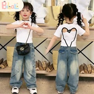 Setelan Anak Perempuan OOTD Anak Perempuan T-Sirt Lengan Pendek+Celana Jeans Cool Kantung Besar