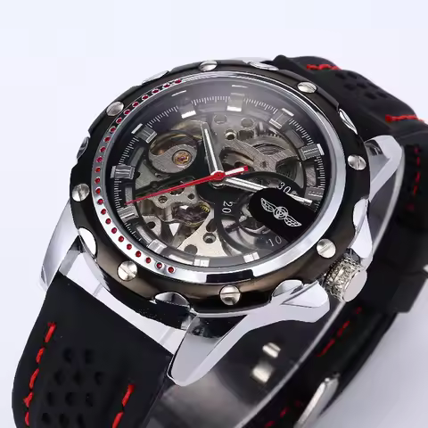 Winner Skeleton Mechanical Men Watch Automatic Self-Winding Casual Sport Male Wristwatch Silicone Ru