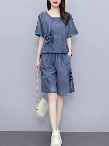 Fashion Womens 2 Pieces Sets Loose Tshirts Vintage Tops Denim Outfits Classic Harajuku Jean Pants