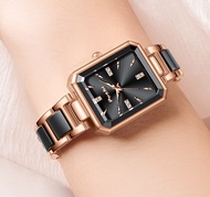 นาฬิกาแฟชั่น POSHI สำหรับนาฬิกาหน้าปัดทรงสี่เหลี่ยมสเตนเลสสตีลเพชรกันน้ำสำหรับผู้หญิงเดิม