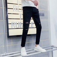 ZARAˉ Kiss กางเกงยีนส์แต่งลายขาดๆสำหรับผู้ชายกางเกงครอปแลกกิ้งส์แบบพอดี9 MODE Korea สไตล์ใหม่ของแท้จ