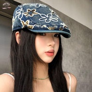 JEREMY1 Denim Forward Cap, Cloth Y2k Embroidery Flower Forward Hat, Casual Ethnic Style Visor Washed