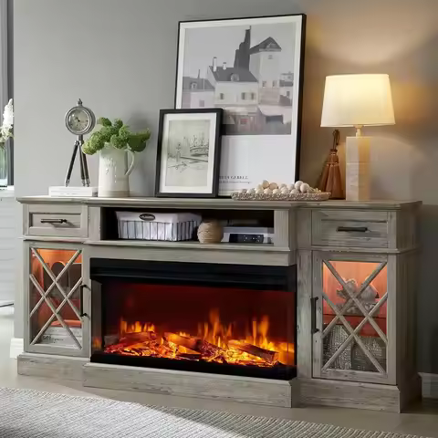 70 Inch Farmhouse Fireplace TV Stand with 36” Electric Fireplace Insert LED Flame Heater Remote Cont