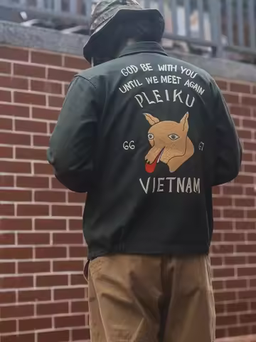 Non Stock Fox Embroidery Vietnam Souvenir Tour Jacket Mens Turn-Down Collar Outerwear