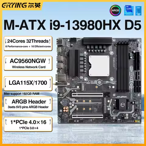 ERYING Motherboard and Processor Kit i9 13980HX Interposer 24C32T DDR5 5600Mhz RAM NVME M.2 DIY Game