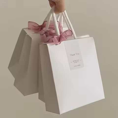 Portable White Gift Box 17*6*20cm With Sheer Pink Ribbon Thank You Label For Cookie Candy Nougat Par