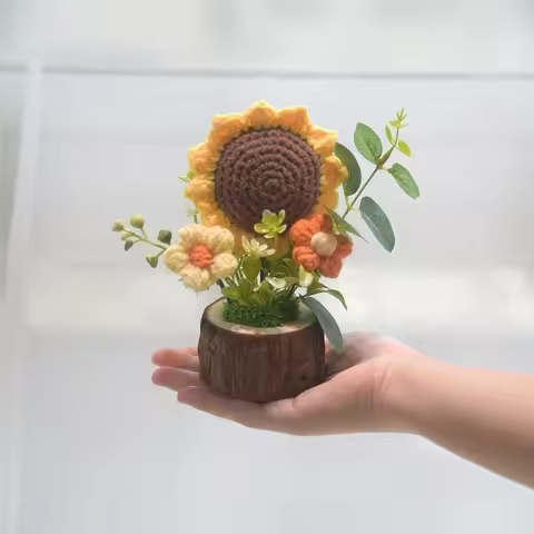 1pc Vintage Crochet Flower Bouquet - Handmade Fabric Flower Arrangement with Sunflower