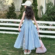 Girls' summer dress, plaid strap dress, princess dress, summer beach dress