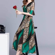 Limea Plus Size Dress For Women Formal Wedding Dress For Ninang Sale Women Fashion Summer V-Neck Knee Length Short Sleeve Leopard Print Dress Green