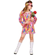 Pickmine 2024 new 2Pcs 60s 70s Outfit for Girls Kids Hippie Costume Bell Sleeve Print Disco Dress wi
