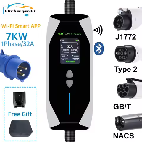 EVcharger4U J1772 Type2 GBT NACS 1Phase 32A 7KW Portable Charger with RCD Type B Protection Wi-Fi Bl