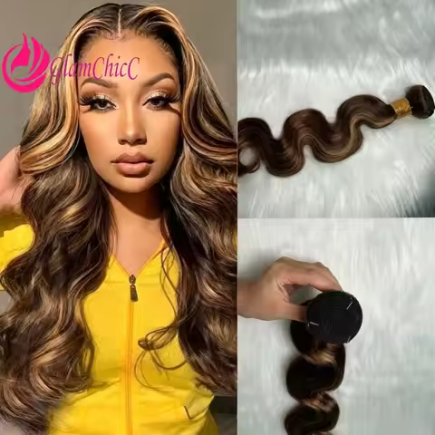 P4/27#Highlight Body Wave Human Hair Weaving Bundl/90gSoft Bouncy Wavy Hair Weft Tangle‑Free Hair Ma