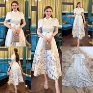 💙พร้อมส่ง S-4XL💙ป้าย Orange Juice💕เดรสคอปกสีขาว ตีเกล็ด พิมพ์ลายดอกไม้ พร้อมเข็มขัด