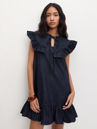 [Pomelo] เดรสเดนิมคอบัวแต่งระบาย / Denim Peter Pan Collar Ruffle Trim Dress