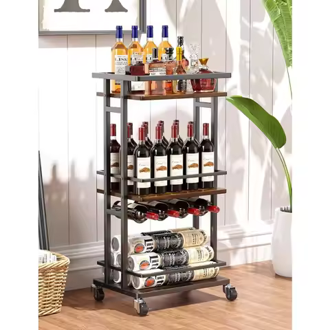 4-Tier Liquor Cabinet with Wine Rack, Mini Bar Cart for Home, Small Liquor Bar Cabinet for , Rolling