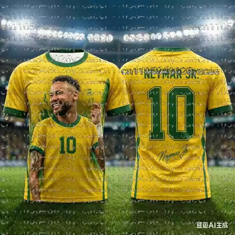 Brazil Soccer T-Shirt Neymar #10 Geometric Pattern Player Portrait Breathable Quick Dry Training Tee