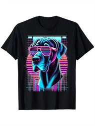 Men's 80S Retro Vaporwave Graphic T-Shirt - Neon Great Dane With Fashion Glasses Design, 100% Cotton